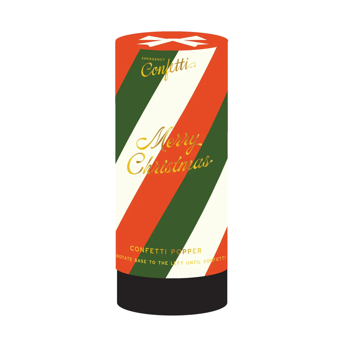Cylindrical confetti popper labeled “Merry Christmas” with diagonal red, green, and white stripes.