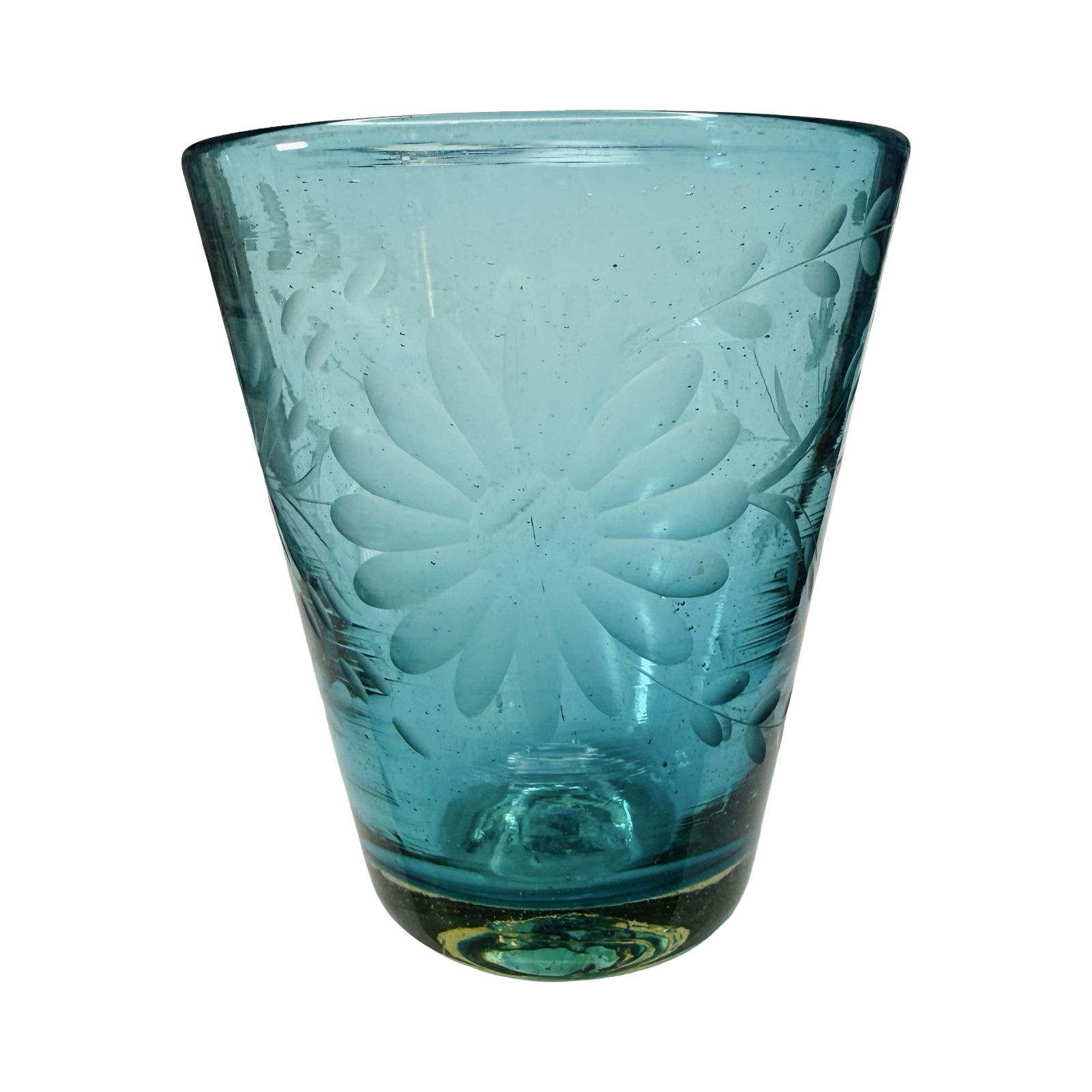 aqua Mexican hand-etched tapered glass with a floral etched design.
