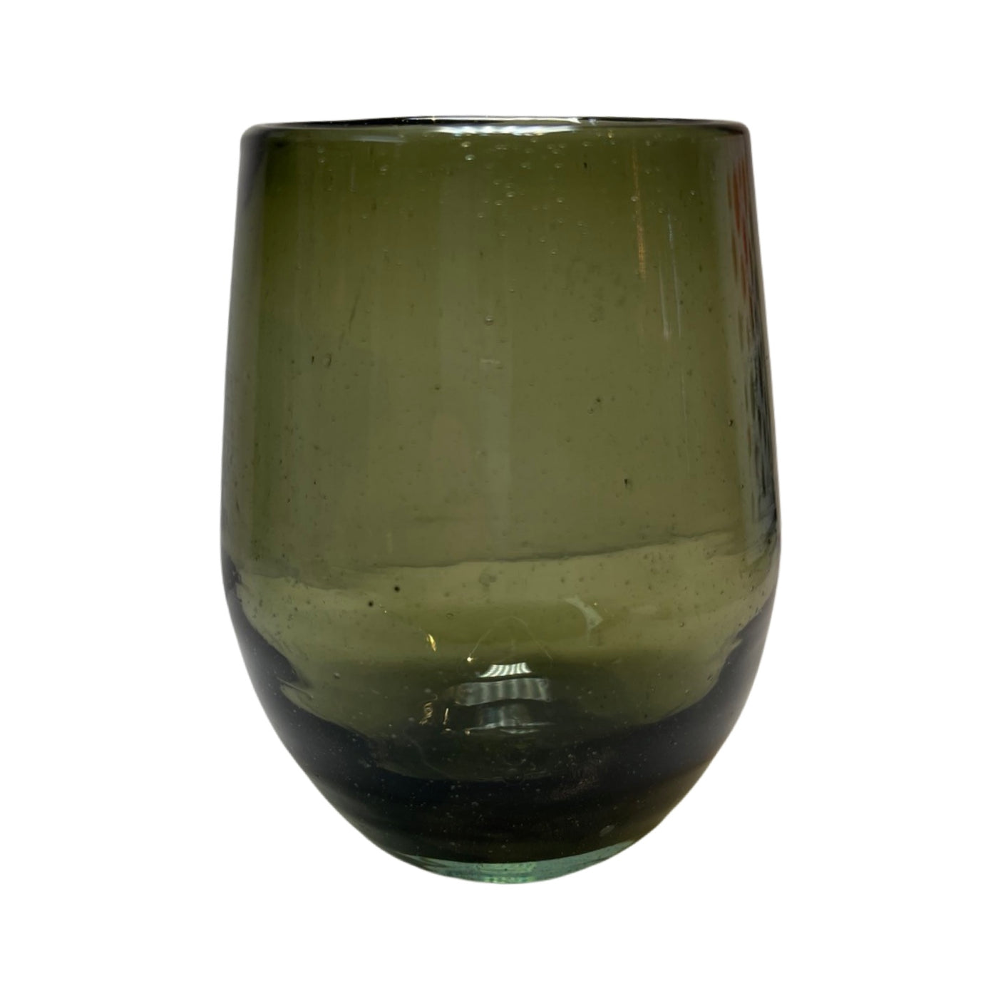 olive green colored stemless wine glass