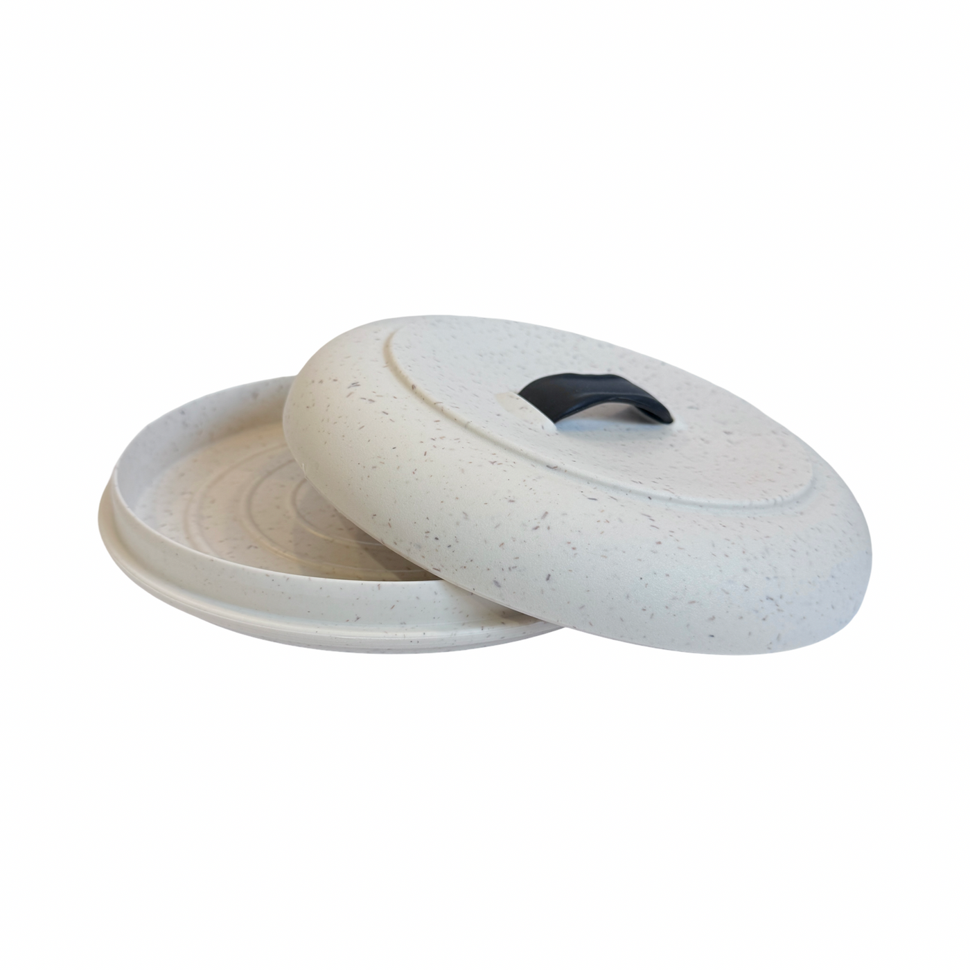 plastic white with gray speckles tortilla warmer with the lid open and on the side.