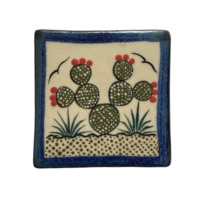 square ceramic coaster with a blue border featuring an image of a cactus in the center.