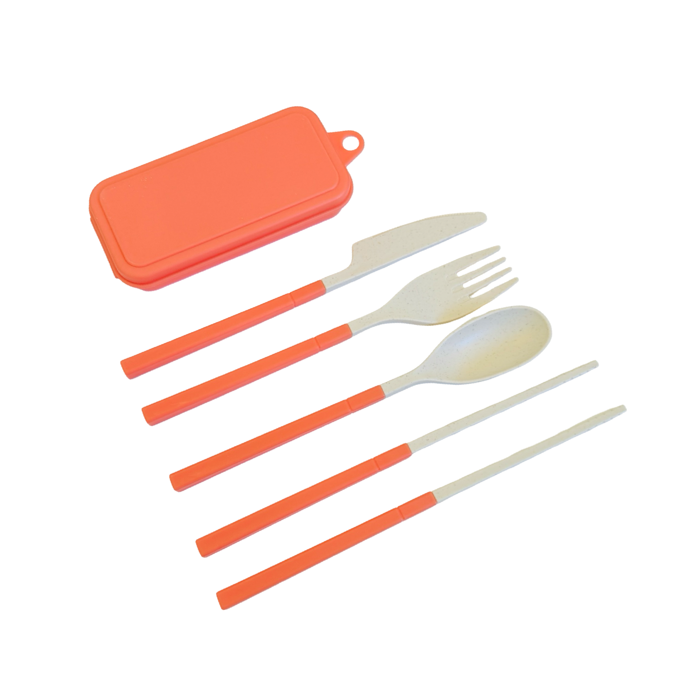 Assembled orange portable cutlery set with a matching storage case, including a spoon, fork, knife, and a set of chopsticks