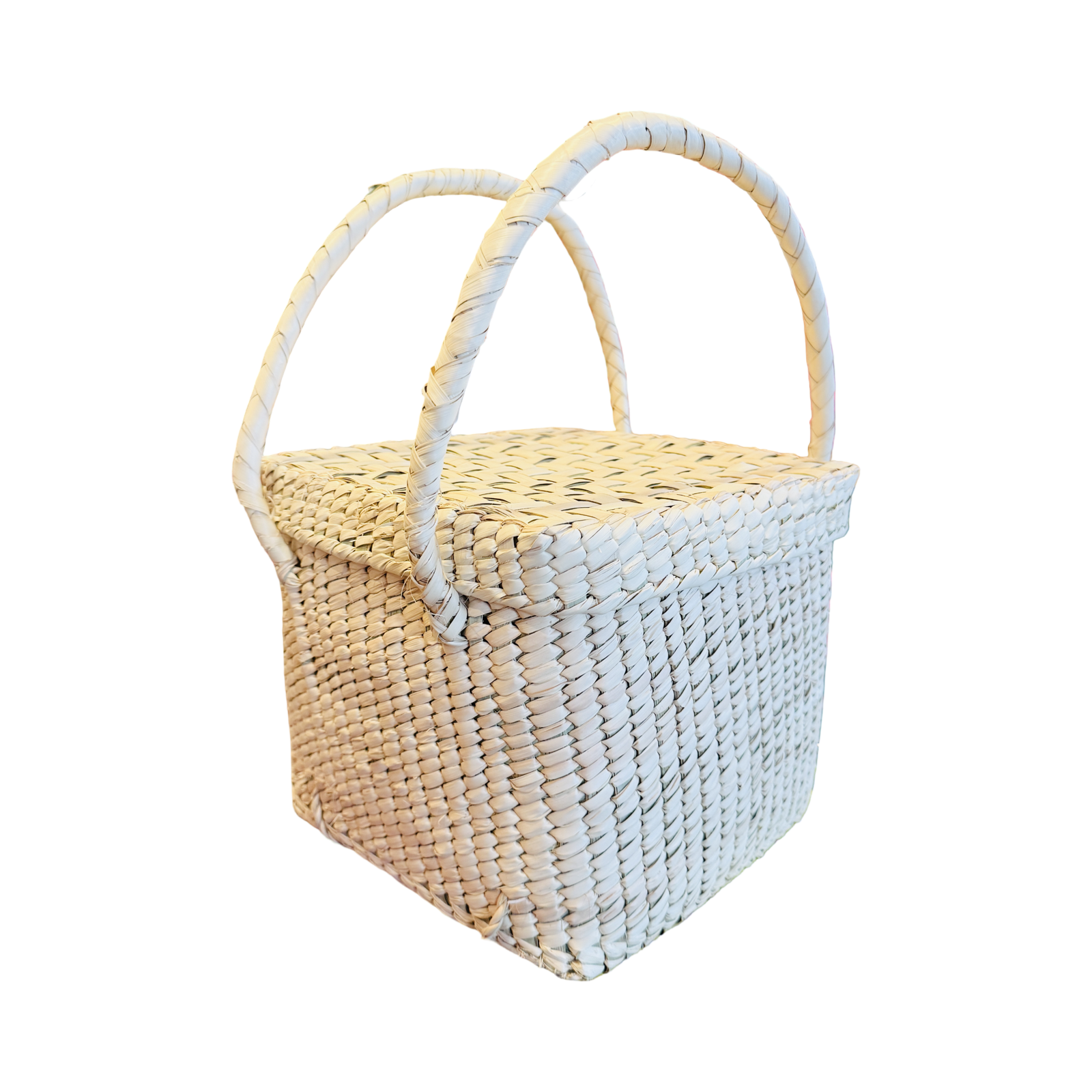 Handwoven palm picnic basket with lid and double handles.