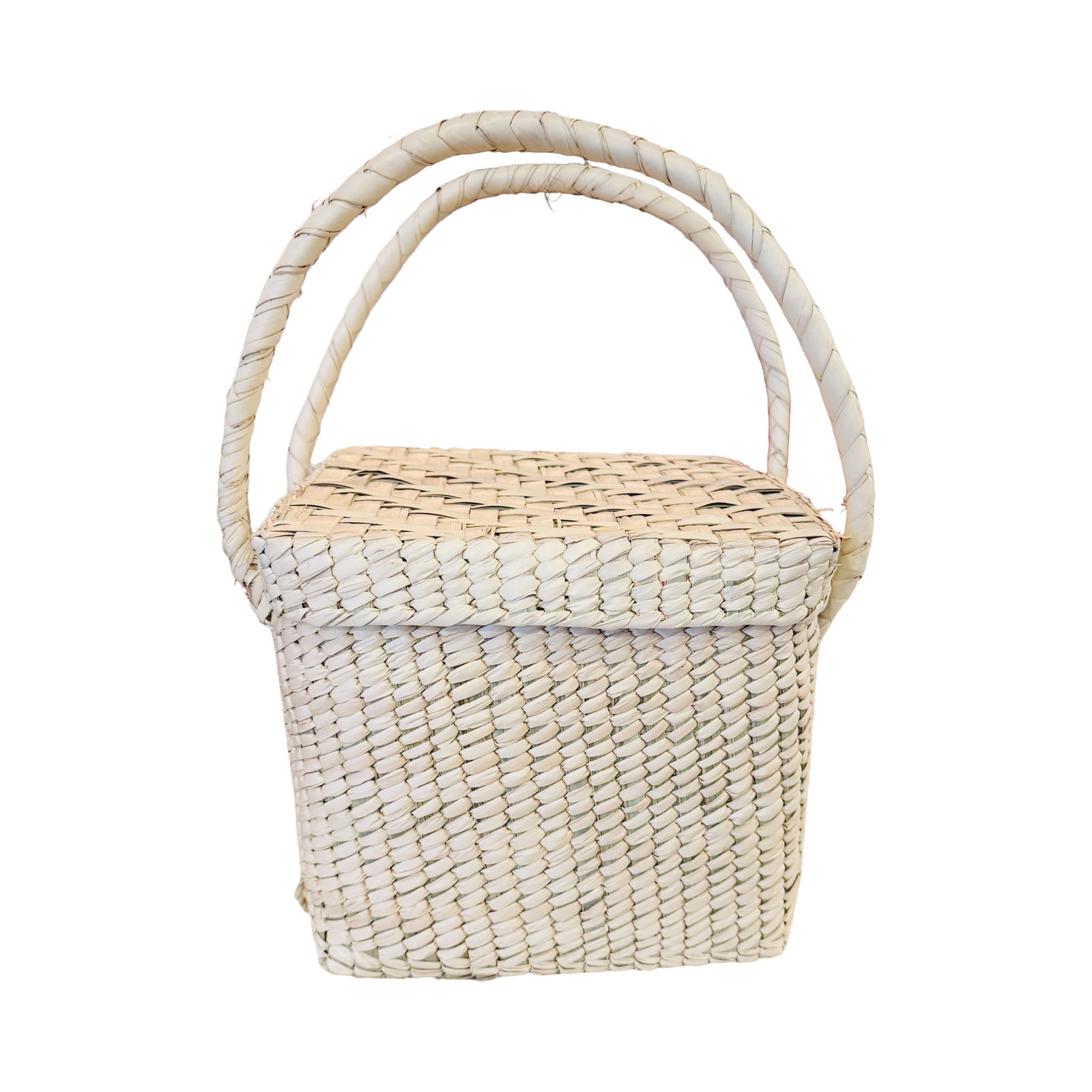 Handwoven palm picnic basket with lid and double handles.