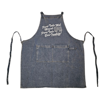washed demin apron with the phrase "Para Todo Mal Mezcal, Para Todo Bien También!" in white script lettering