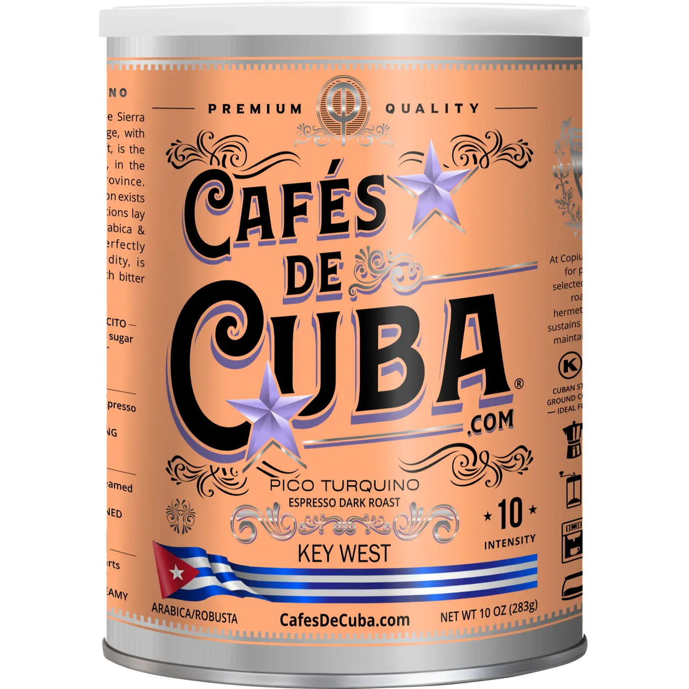 Cafés de Cuba Pico Turquino coffee can, orange label with black lettering, featuring a purple star, Cuban flag, and text highlighting “Espresso Dark Roast,” “Arabica/Robusta,” and “Intensity 10.”