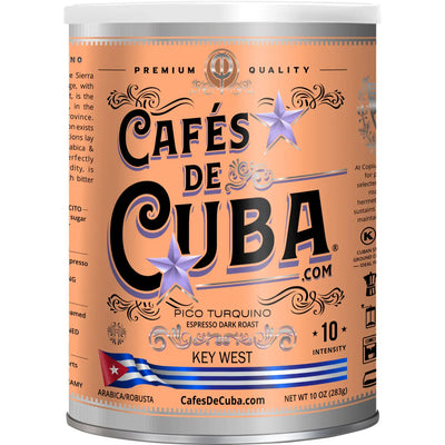 Cafés de Cuba Pico Turquino coffee can, orange label with black lettering, featuring a purple star, Cuban flag, and text highlighting “Espresso Dark Roast,” “Arabica/Robusta,” and “Intensity 10.”