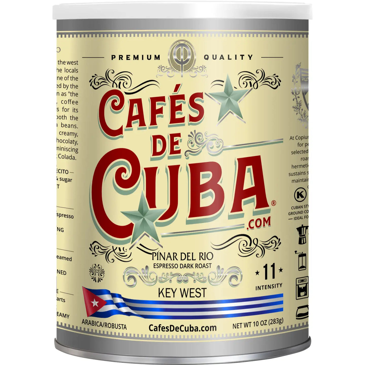 Cafés de Cuba Pinar del Río coffee can, cream-colored label with red lettering and green star, Cuban flag, and text highlighting “Espresso Dark Roast,” “Arabica/Robusta,” and “Intensity 11.”