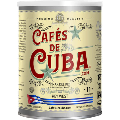 Cafés de Cuba Pinar del Río coffee can, cream-colored label with red lettering and green star, Cuban flag, and text highlighting “Espresso Dark Roast,” “Arabica/Robusta,” and “Intensity 11.”