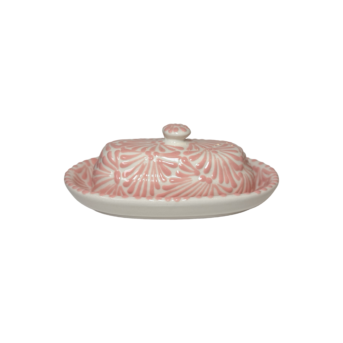 butter dish and lid with the Puebla signature pink and white glazed talavera design.