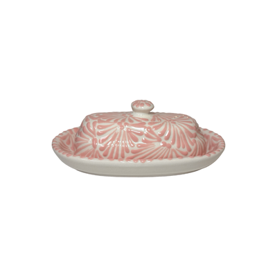 butter dish and lid with the Puebla signature pink and white glazed talavera design.