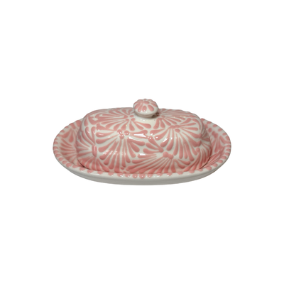 butter dish and lid with the Puebla signature pink and white glazed talavera design.