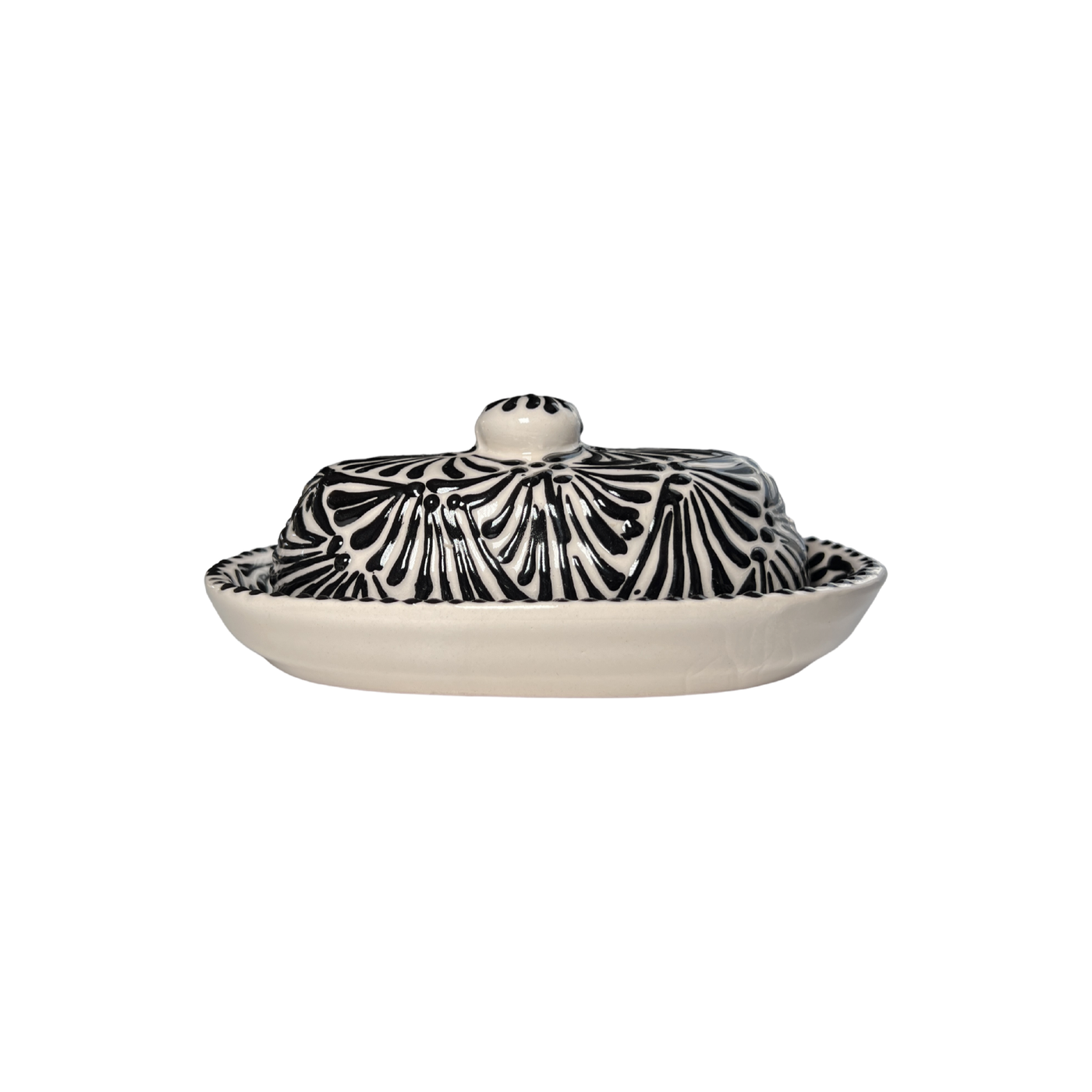 butter dish with lid in a black and white Puebla design