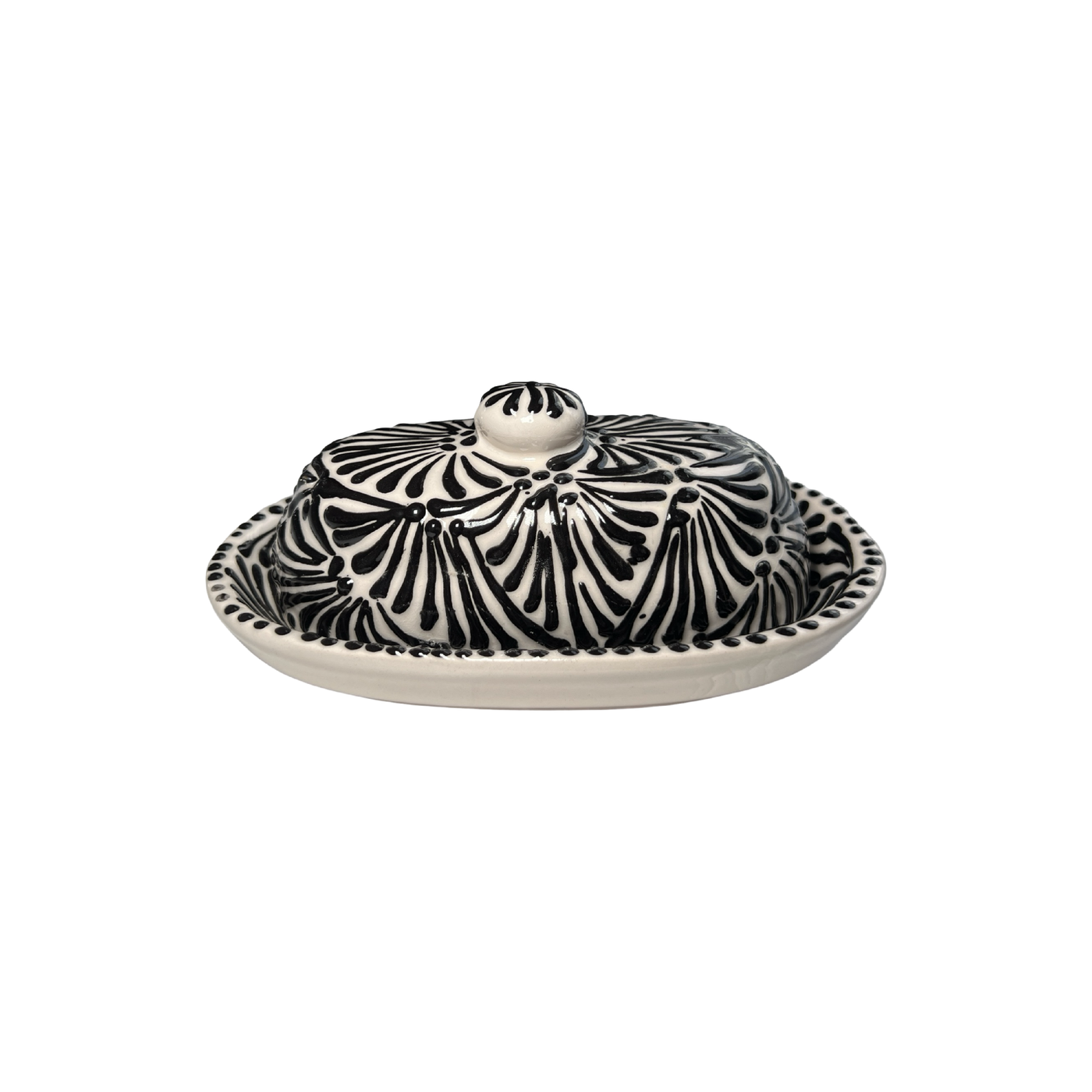 butter dish with lid in a black and white Puebla design