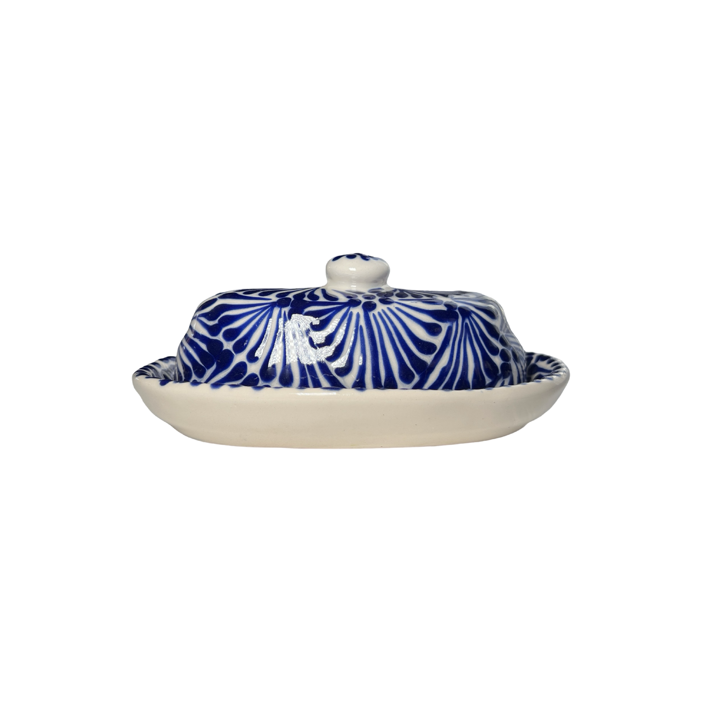 butter dish with lid in a blue and white Puebla design