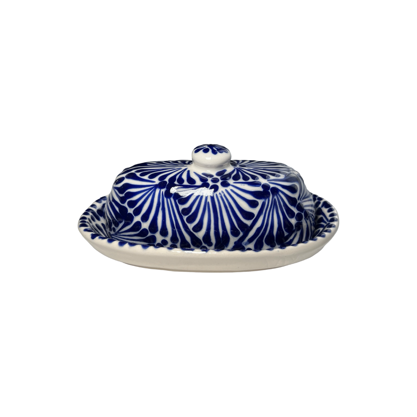butter dish with lid in a blue and white Puebla design