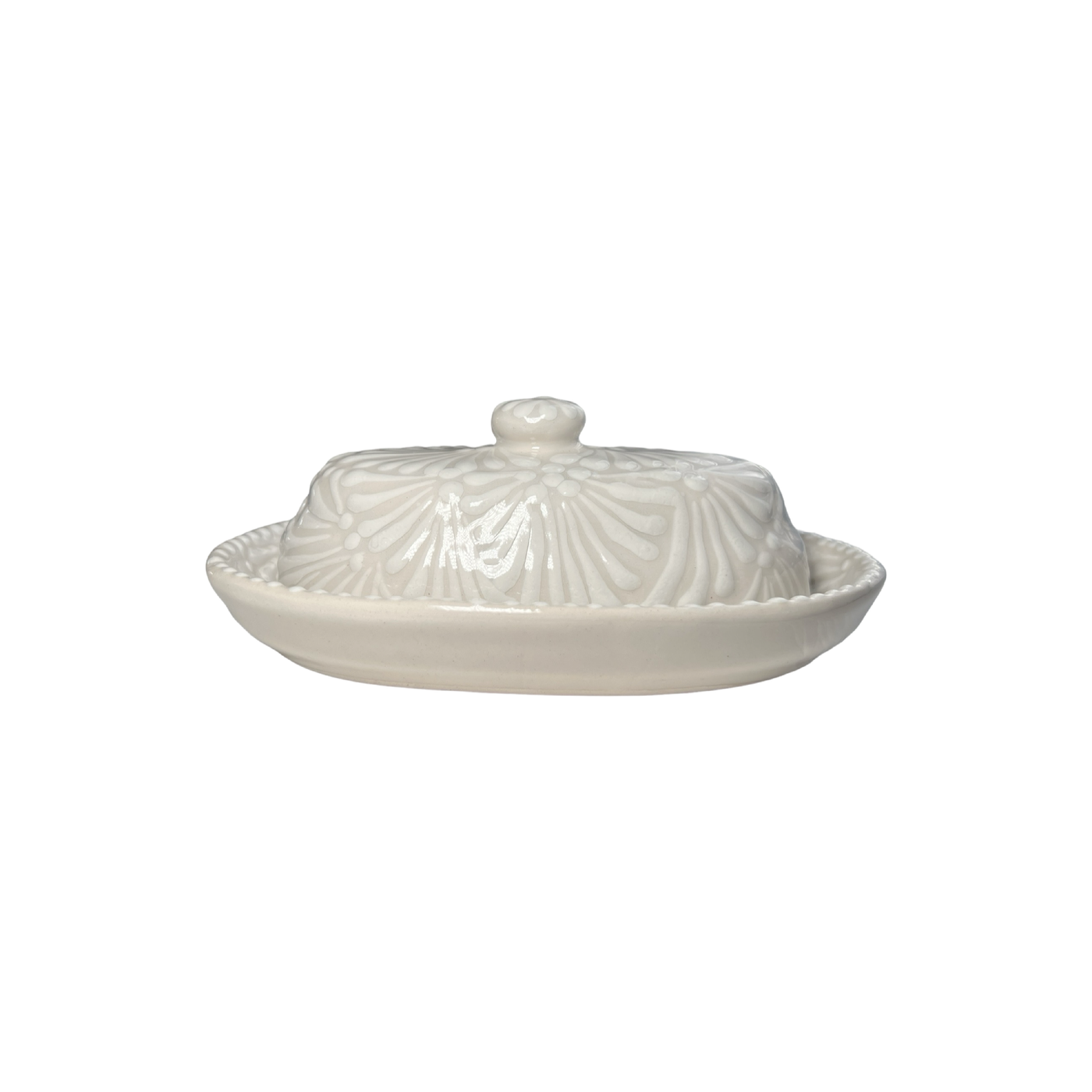 butter dish with lid in a cream and white Puebla design