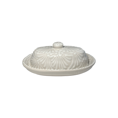 butter dish with lid in a cream and white Puebla design