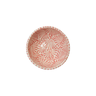 top view of a bowl with the Puebla signature pink and white glazed talavera design.