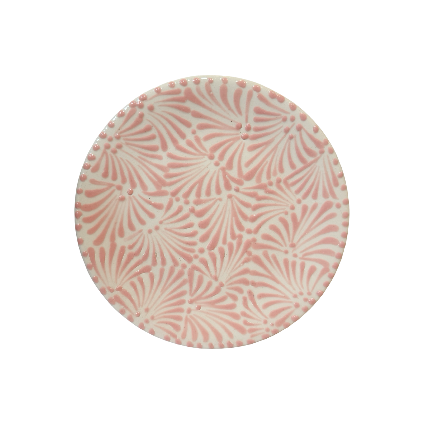 round plate with the Puebla signature pink and white glazed talavera design.