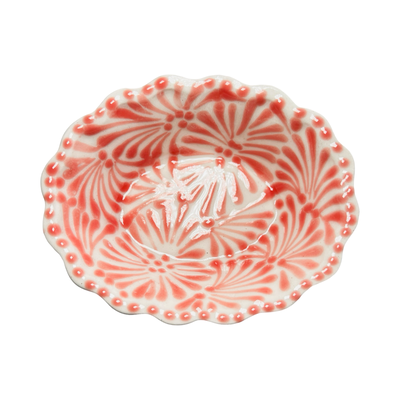 Puebla Talavera Scallop Rim Oval Bowl- Coral