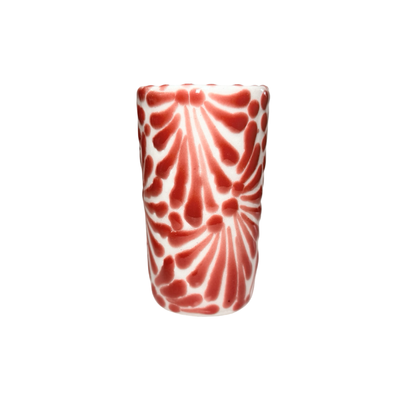shot glass with the Puebla signature coral and white glazed talavera design.