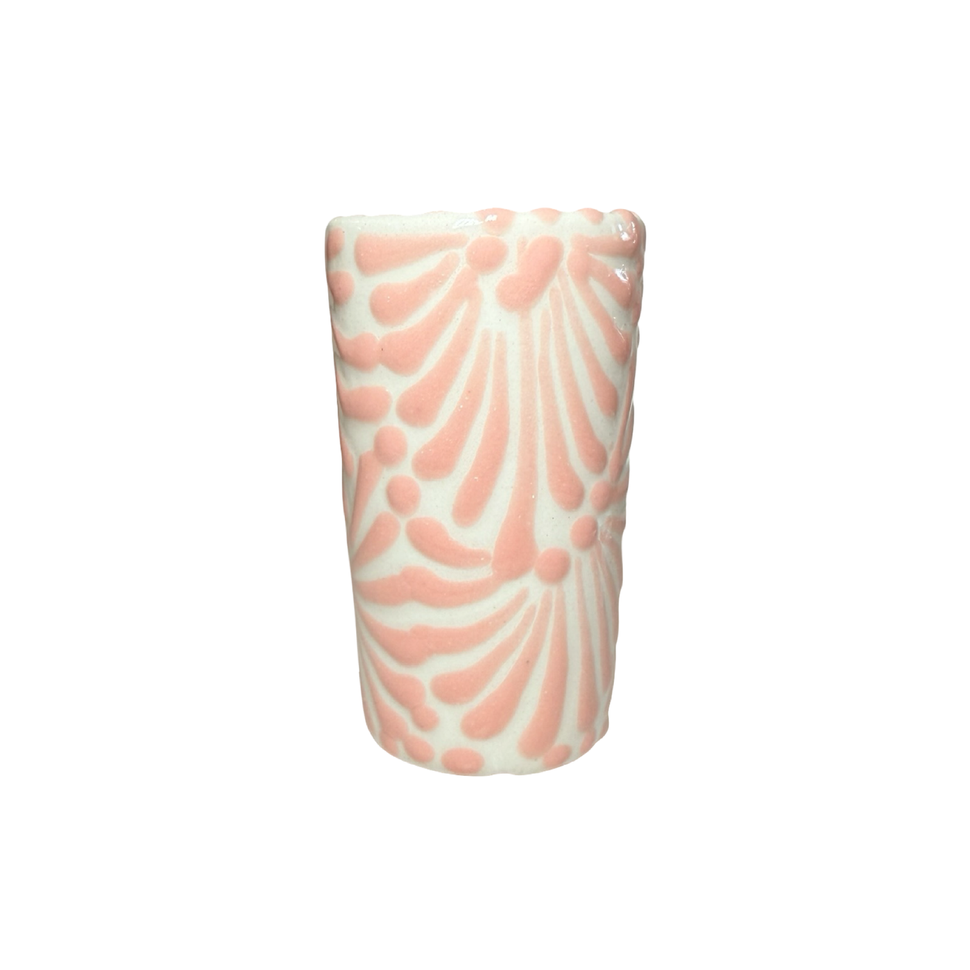 shot glass with the Puebla signature pink  and white glazed talavera design.