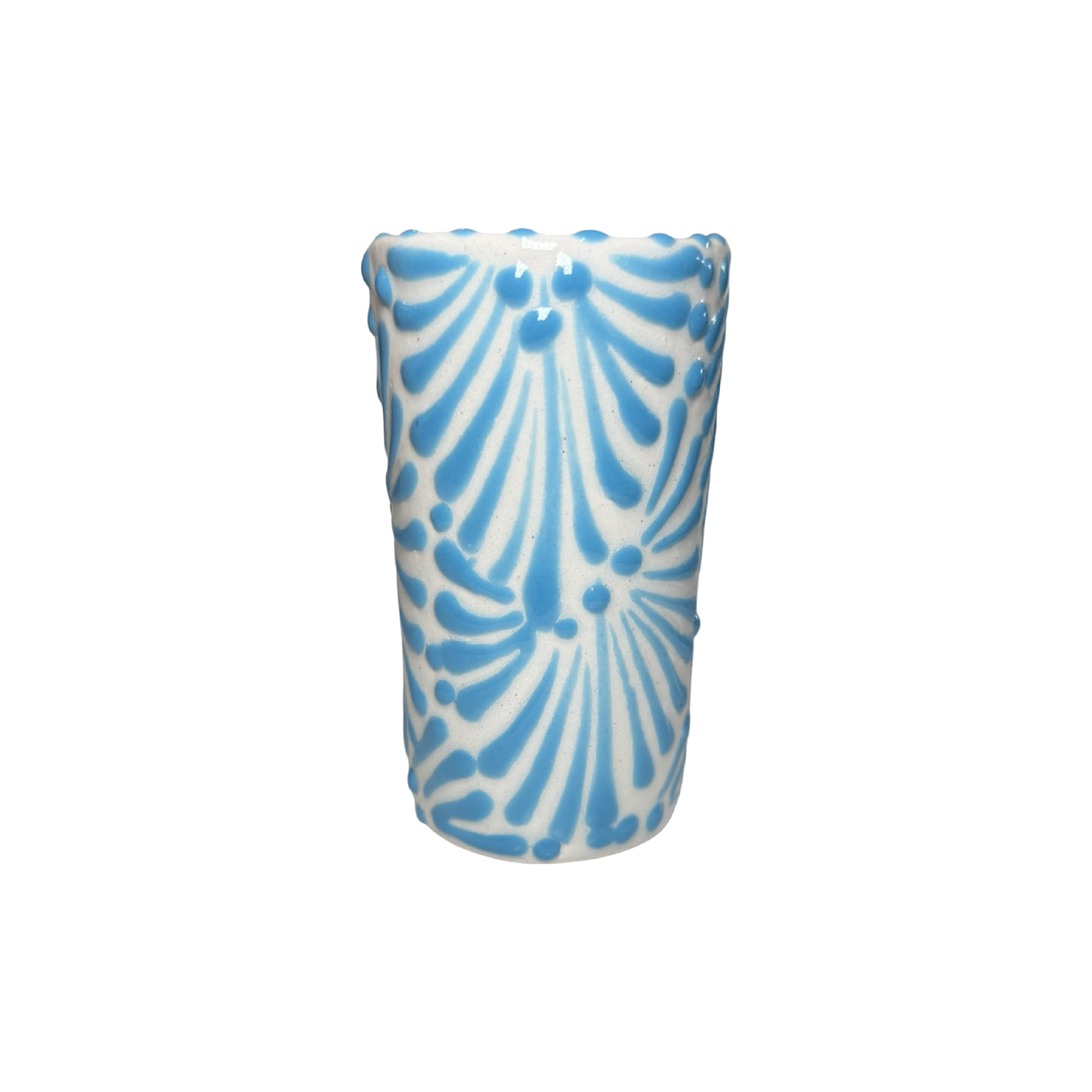 shot glass with the Puebla signature turquoise and white glazed talavera design.