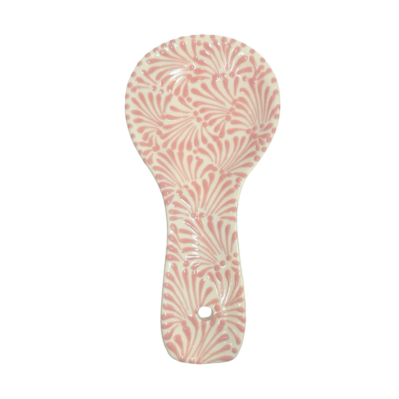 spoon rest with the Puebla signature pink and white glazed talavera design.