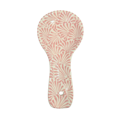 spoon rest with the Puebla signature pink and white glazed talavera design.