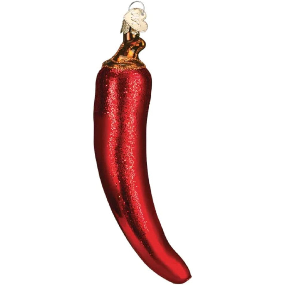 Shiny red glass chili pepper ornament with a glittered finish
