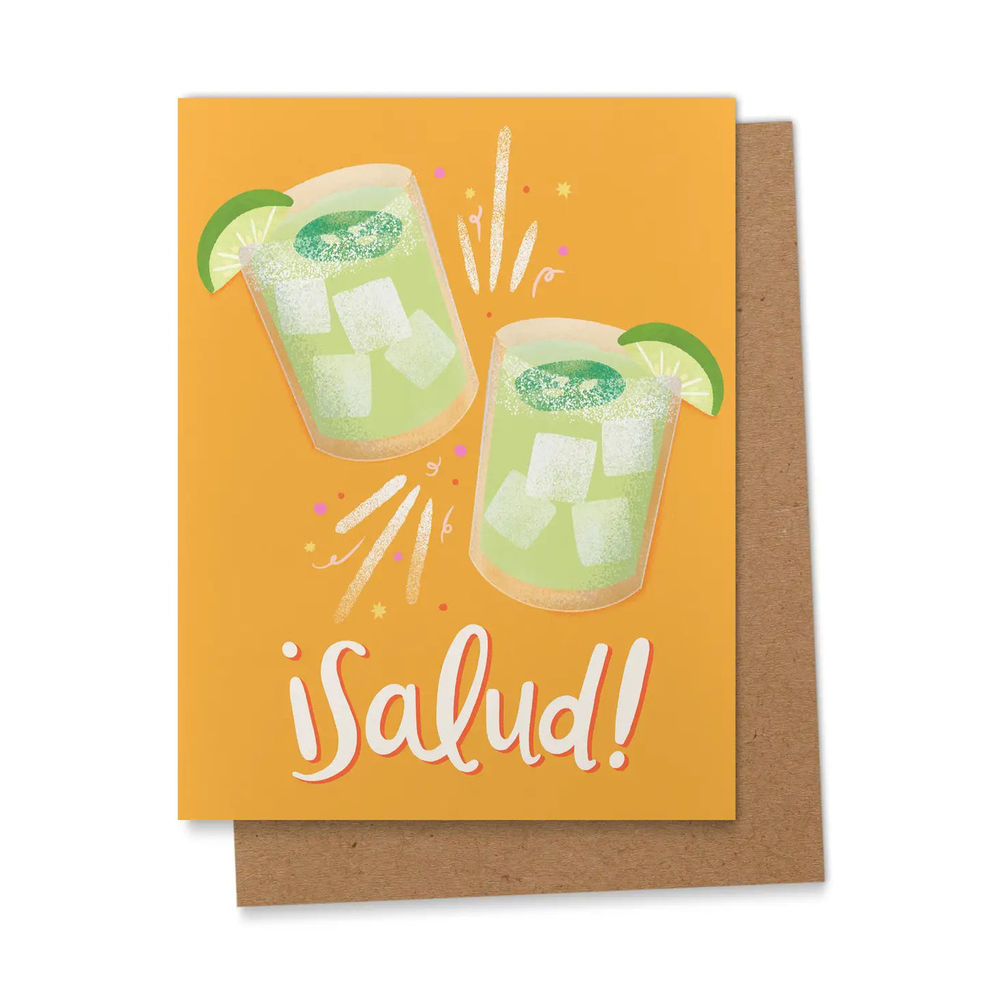Orange greeting card with two illustrated green cocktails garnished with lime and the word “¡Salud!” in bold script, shown with a kraft envelope.