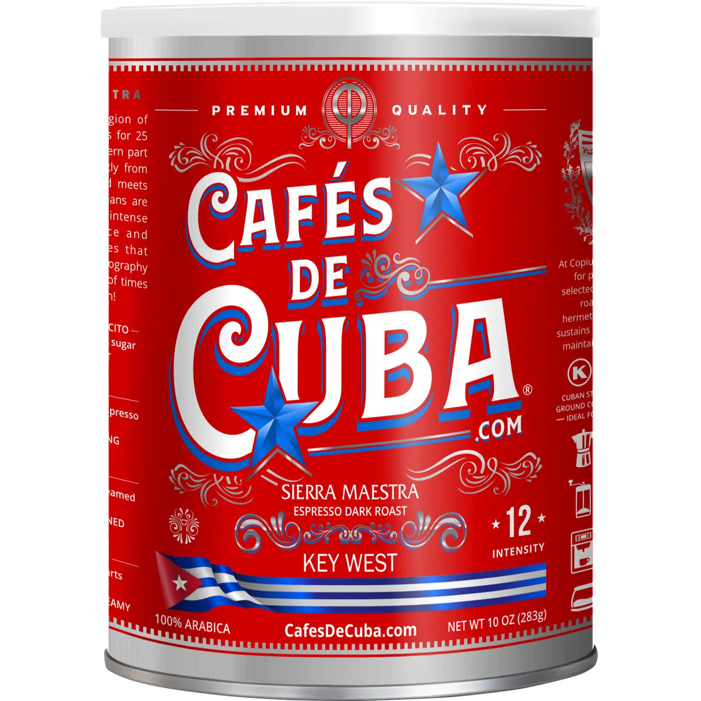 Cafés de Cuba Sierra Maestra coffee can, bright red label with white lettering and blue star, Cuban flag, and text highlighting “Espresso Dark Roast,” “100% Arabica,” and “Intensity 12.”
