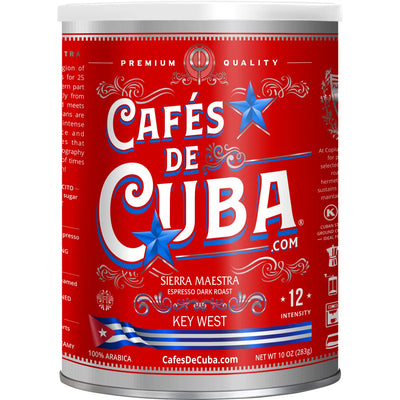 Cafés de Cuba Sierra Maestra coffee can, bright red label with white lettering and blue star, Cuban flag, and text highlighting “Espresso Dark Roast,” “100% Arabica,” and “Intensity 12.”
