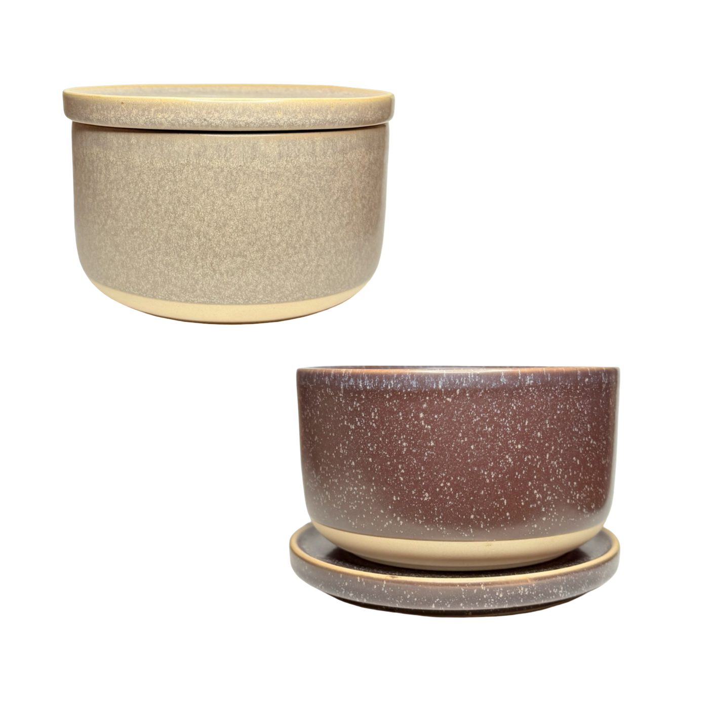 Two stoneware bowls with matching plates, one in beige and one in dark purple, both featuring a smooth speckled glaze and simple modern design.