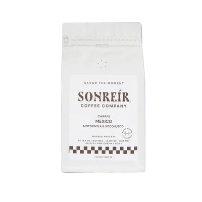 12 oz white pouch of Sonreir coffee - Chiapas whole beans.