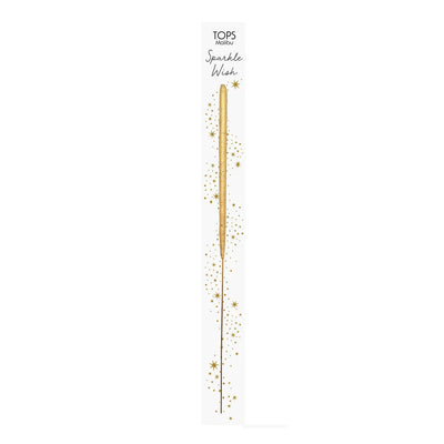 Gold wand-shaped sparkler on a white branded card decorated with golden stars.