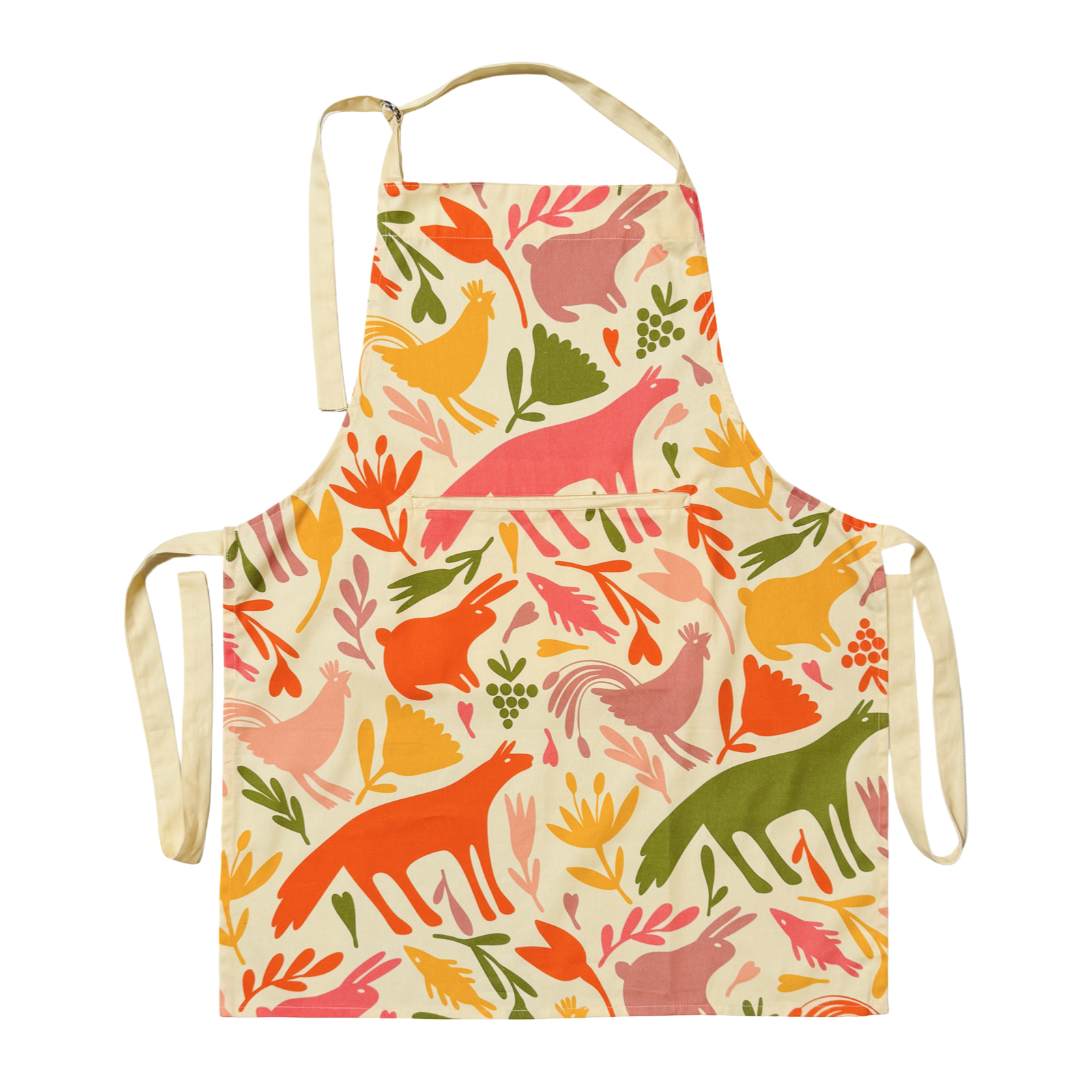 Orange, pink, light pink, sage green and yellow otomi designed apron with ivory neck and waist ties featuring a front pocket.