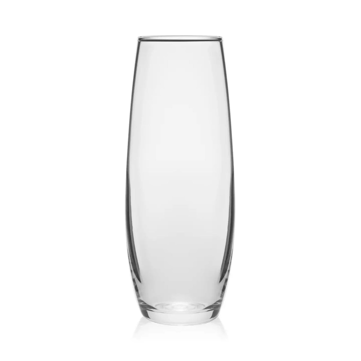 Clear stemless flute glass with a tall, slender bowl and sturdy base