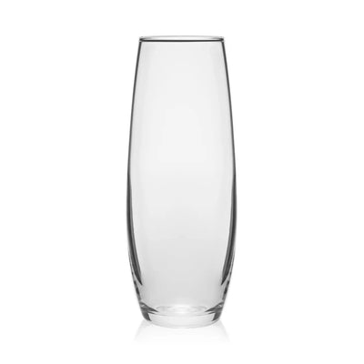 Clear stemless flute glass with a tall, slender bowl and sturdy base