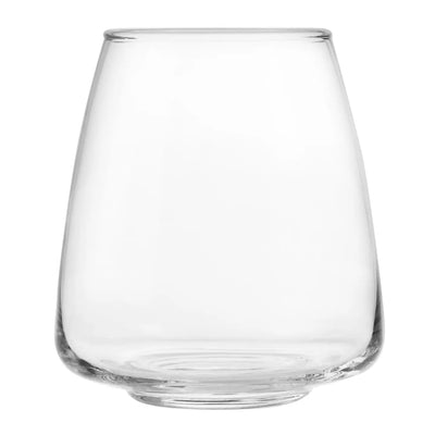 Clear stemless tapered wine glass with a wide base and slightly narrowing rim