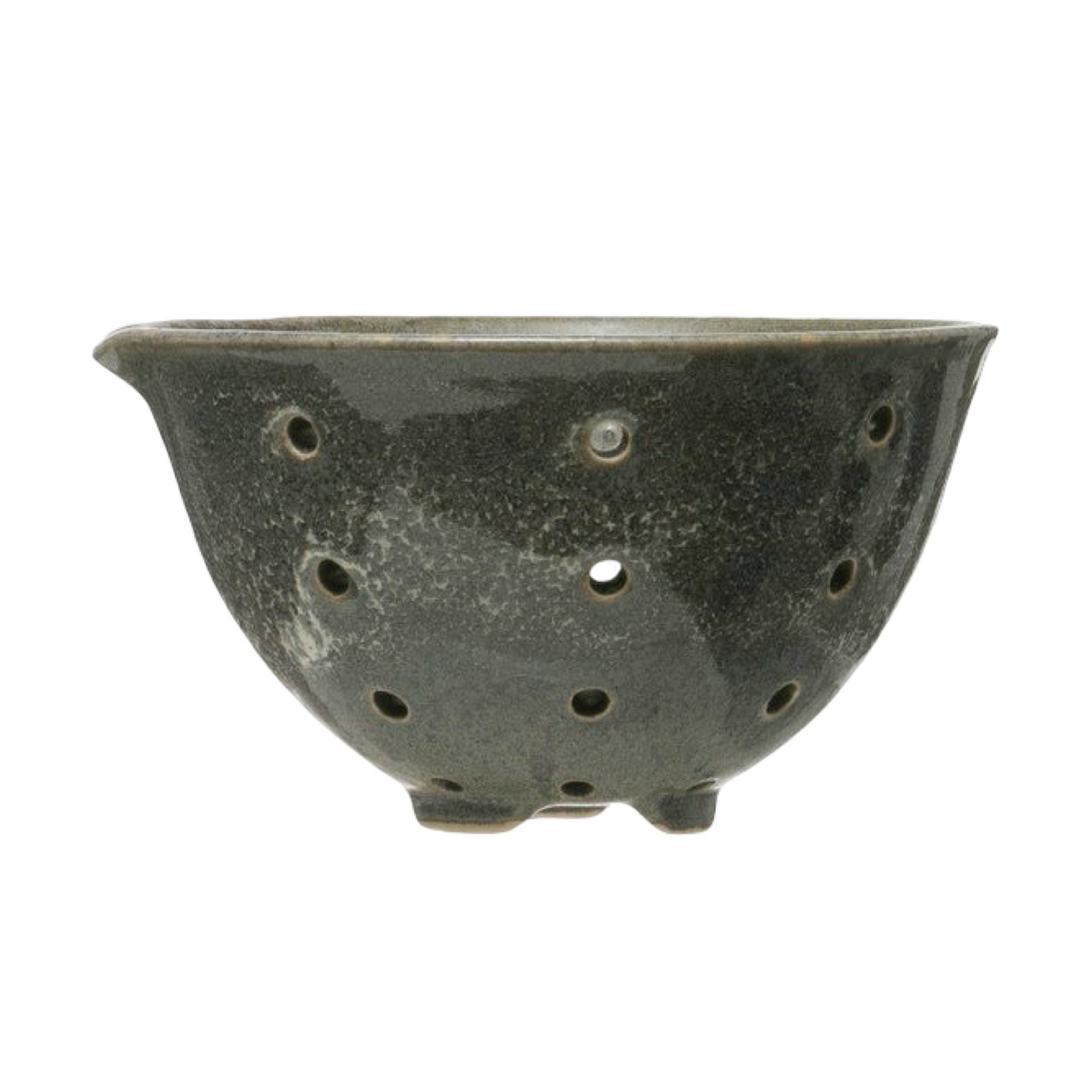 Green/blue stoneware berry bowls with drainage holes and a smooth glazed finish.