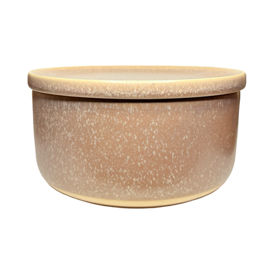 Light purple stoneware bowl with a speckled glaze and matching plate used as a lid, featuring a clean, modern design.