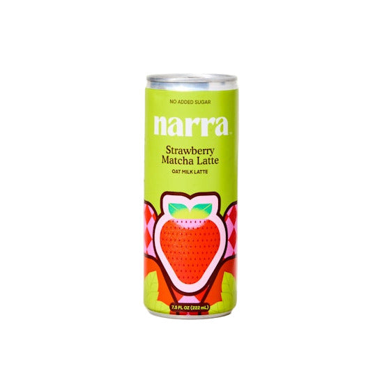 75 fl oz Tall lime-green can labeled “narra Strawberry Matcha Latte — Oat Milk Latte