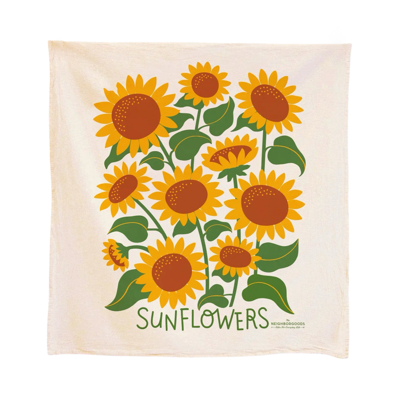 Cotton tea towel with a colorful sunflower design, showing large yellow blooms with green leaves on a cream background.
