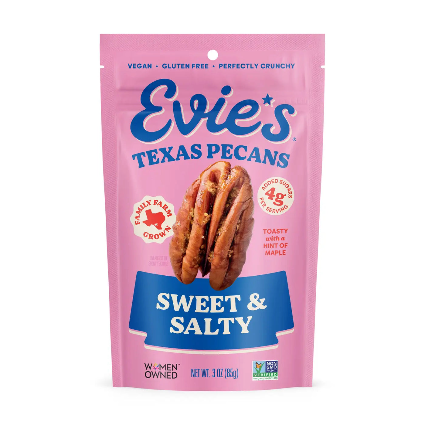 Pink pouch of Evie’s Texas Pecans labeled “Sweet & Salty,” featuring pecan imagery and notes of vegan, gluten-free, and Non-GMO verified.