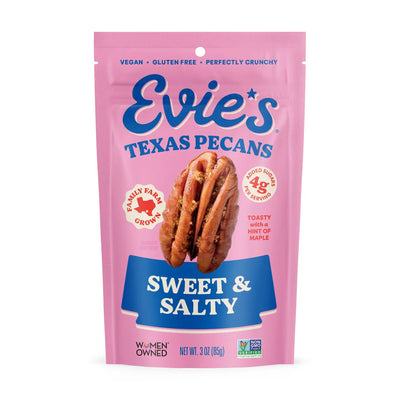 Pink pouch of Evie’s Texas Pecans labeled “Sweet & Salty,” featuring pecan imagery and notes of vegan, gluten-free, and Non-GMO verified.