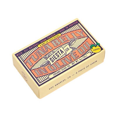 4 3/8 oz box of tuna belly in a yellow, orange and purple branded package.