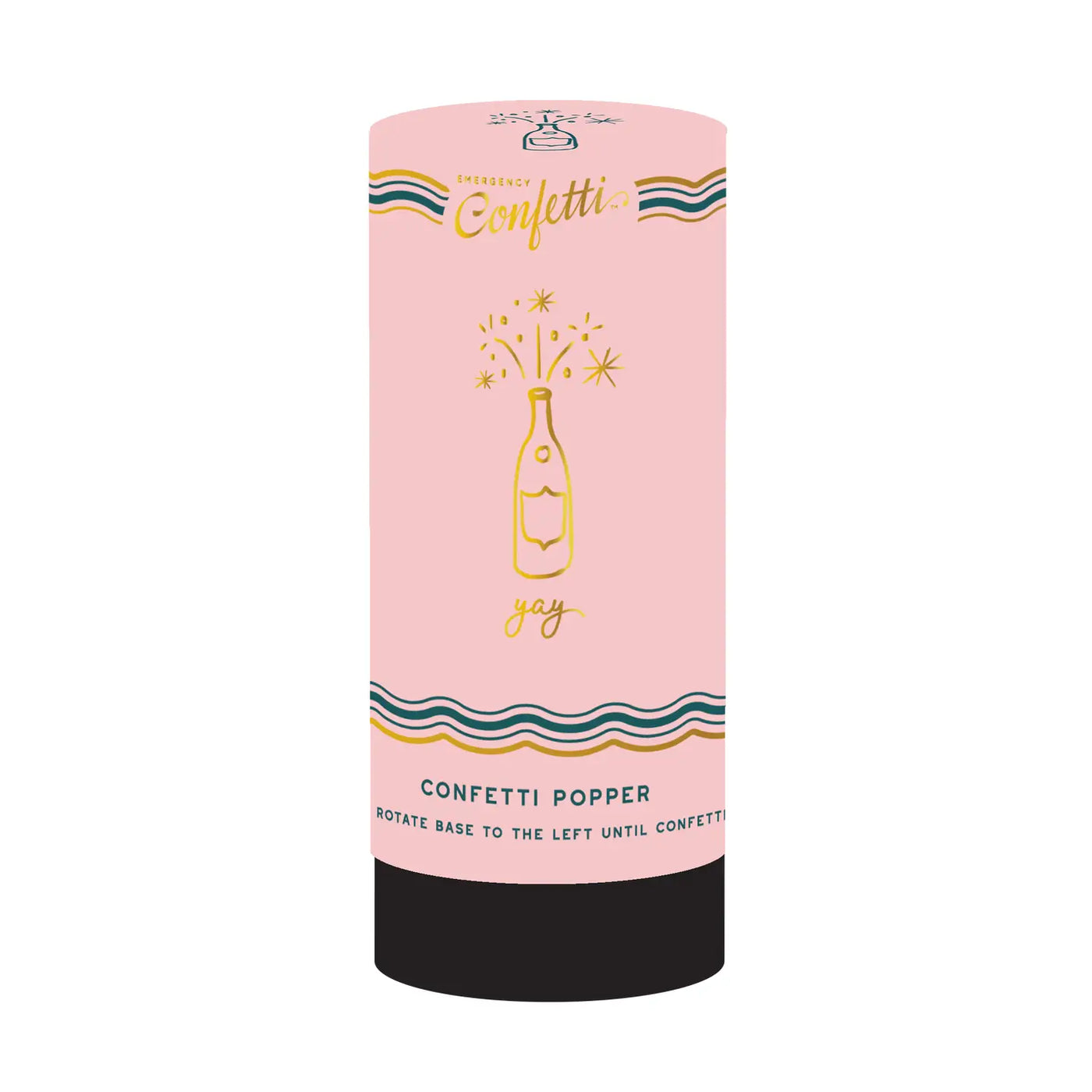 Cylindrical confetti popper labeled “Yay” with a gold champagne bottle illustration and decorative wavy lines.