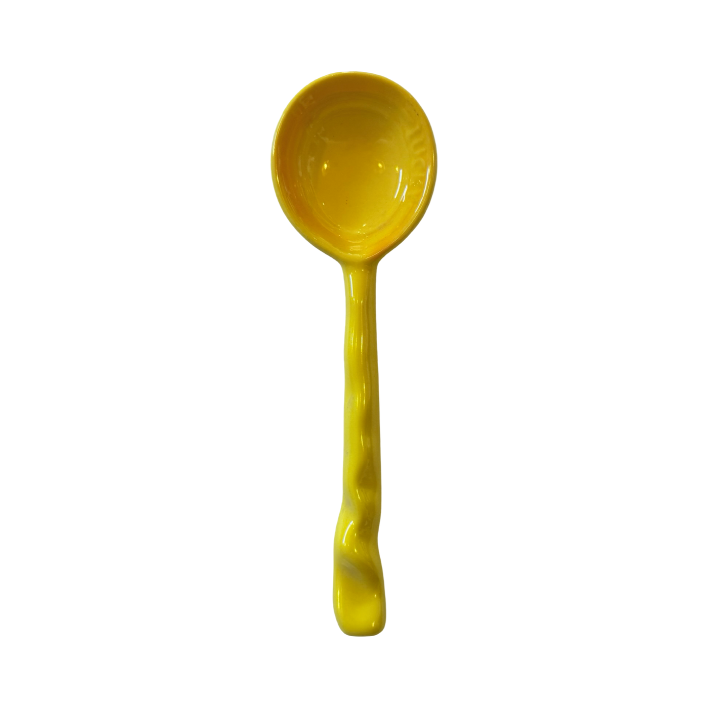 A yellow ceramic spoon with a glossy finish and a curved handle design.